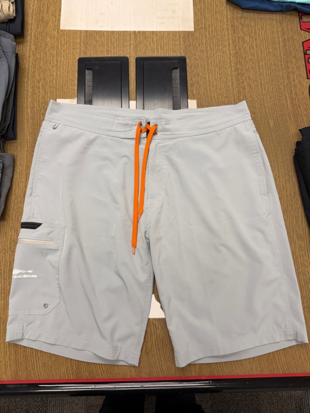 Light Gray Men's Swim Board Shorts with Orange Drawcord